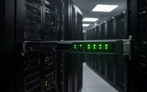 Ein dunkler Serverraum mit leuchtenden grünen Statusanzeigen an einem Serverschrank. - Foto: über boerse-global.de