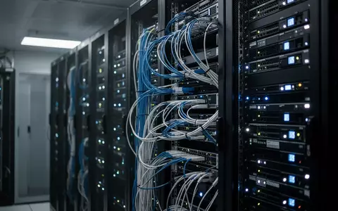 Moderne Serverräume in einem Rechenzentrum mit blauen LED-Statusleuchten und dicht verkabelten Server-Racks. - Foto: über boerse-global.de