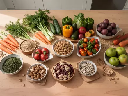 Eine Auswahl an verschiedenen Gemüsesorten, Vollkornprodukten und Hülsenfrüchten auf einem hölzernen Küchentisch. - Foto: über boerse-global.de