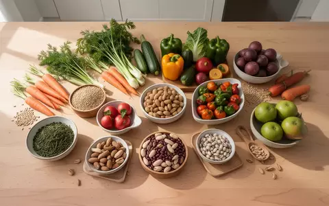 Eine Auswahl an verschiedenen Gemüsesorten, Vollkornprodukten und Hülsenfrüchten auf einem hölzernen Küchentisch. - Foto: über boerse-global.de