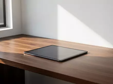 Ein minimalistischer Büroarbeitsplatz mit einem leeren dunklen Tablet auf einem Holztisch bei natürlichem Tageslicht. - Foto: über boerse-global.de