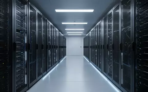 Moderne Serverräume mit Reihen von dunklen Server-Racks in kühler, blauer Beleuchtung. - Foto: über boerse-global.de