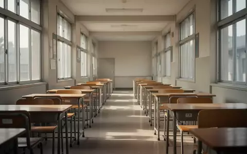 Ein leerer, sonnendurchfluteter Schulflur mit leeren Tischen und StĂĽhlen in einer ruhigen, minimalistischen Umgebung. - Foto: ĂĽber boerse-global.de