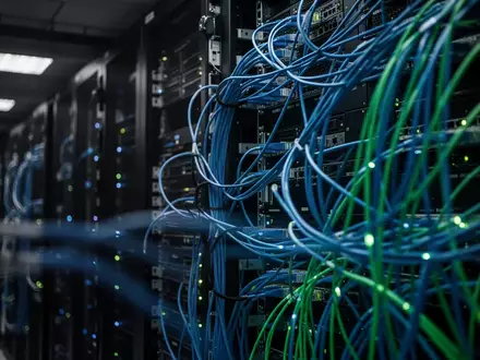 Dunkler Serverraum mit leuchtenden Glasfaserkabeln und komplexer Netzwerkinfrastruktur. - Foto: über boerse-global.de