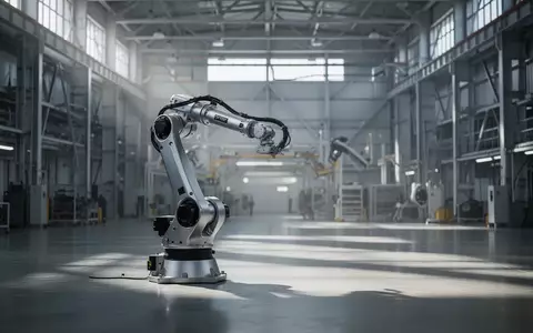 Ein leerer, moderner Fertigungsbereich in einer Automobilfabrik mit einem unbenutzten Industrieroboterarm. - Foto: über boerse-global.de