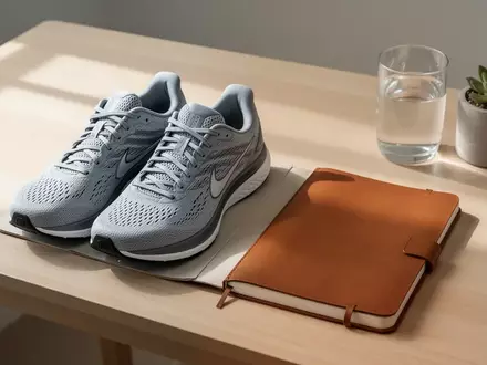 Laufschuhe und ein leeres Notizbuch auf einem Schreibtisch bei Tageslicht. - Foto: über boerse-global.de