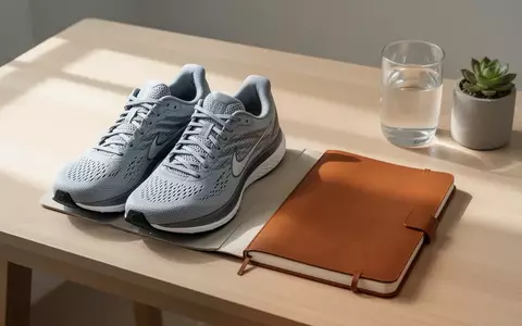 Laufschuhe und ein leeres Notizbuch auf einem Schreibtisch bei Tageslicht. - Foto: über boerse-global.de