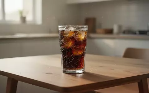 Ein Glas mit einem zuckerhaltigen Erfrischungsgetränk steht auf einem Holztisch in einer hellen Küche. - Foto: über boerse-global.de