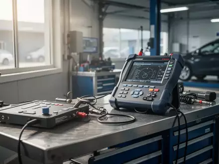 Professionelle Werkbank in einer modernen Autowerkstatt mit Diagnosegeräten vor einem unscharfen Hintergrund. - Foto: über boerse-global.de