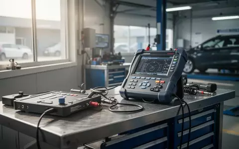 Professionelle Werkbank in einer modernen Autowerkstatt mit Diagnosegeräten vor einem unscharfen Hintergrund. - Foto: über boerse-global.de