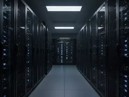 Dunkler Serverraum mit leuchtenden blauen Status-LEDs an den Gehäusen, die eine sterile und technisch-kühle Atmosphäre erzeugen. - Foto: über boerse-global.de