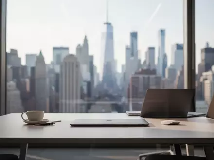 Ein minimalistischer Büroarbeitsplatz vor einer verschwommenen Skyline, die eine professionelle Finanzumgebung darstellt. - Foto: über boerse-global.de
