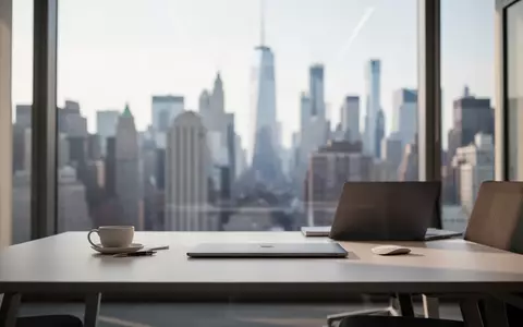 Ein minimalistischer Büroarbeitsplatz vor einer verschwommenen Skyline, die eine professionelle Finanzumgebung darstellt. - Foto: über boerse-global.de
