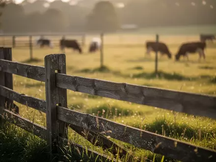 Ein sonnendurchfluteter Holzzaun auf einem Bauernhof mit einer verschwommenen Weidelandschaft im Hintergrund. - Foto: über boerse-global.de