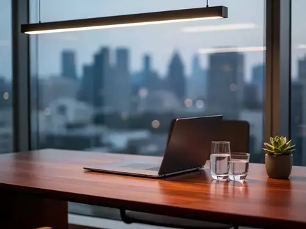 Ein minimalistischer, moderner Arbeitsplatz mit einem geschlossenen Laptop und einer Pflanze vor einem unscharfen Stadtbild. - Foto: über boerse-global.de