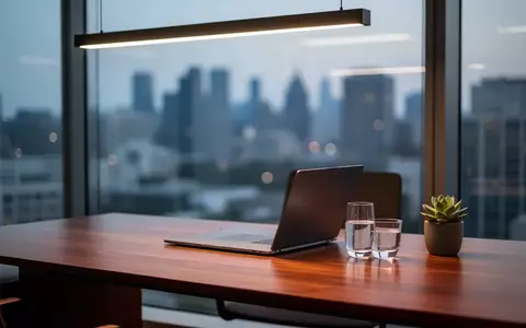 Ein minimalistischer, moderner Arbeitsplatz mit einem geschlossenen Laptop und einer Pflanze vor einem unscharfen Stadtbild. - Foto: über boerse-global.de