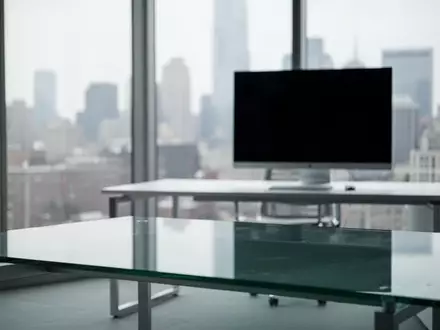 Ein minimalistisches, modernes Büro mit einem leeren Schreibtisch und einem ausgeschalteten Monitor vor einer Stadtansicht. - Foto: über boerse-global.de