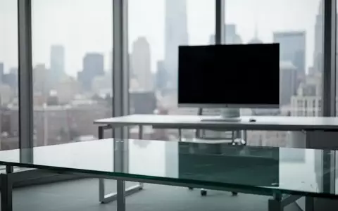 Ein minimalistisches, modernes Büro mit einem leeren Schreibtisch und einem ausgeschalteten Monitor vor einer Stadtansicht. - Foto: über boerse-global.de