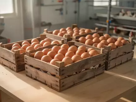 Frische braune Eier in Holzkisten auf einem Tisch in einem landwirtschaftlichen Betrieb. - Foto: über boerse-global.de