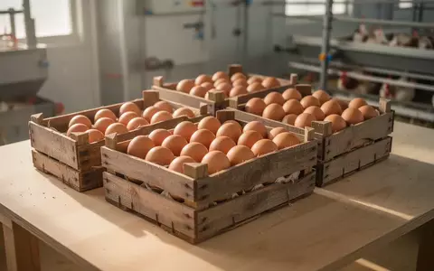 Frische braune Eier in Holzkisten auf einem Tisch in einem landwirtschaftlichen Betrieb. - Foto: über boerse-global.de