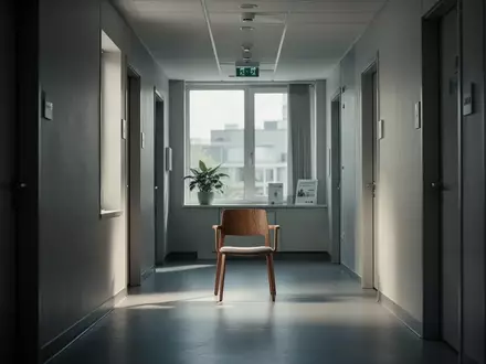 Ein leerer Holzstuhl in einem minimalistischen, hell erleuchteten Korridor einer modernen medizinischen Einrichtung. - Foto: über boerse-global.de