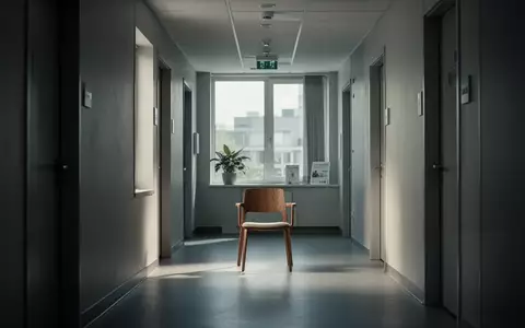 Ein leerer Holzstuhl in einem minimalistischen, hell erleuchteten Korridor einer modernen medizinischen Einrichtung. - Foto: über boerse-global.de