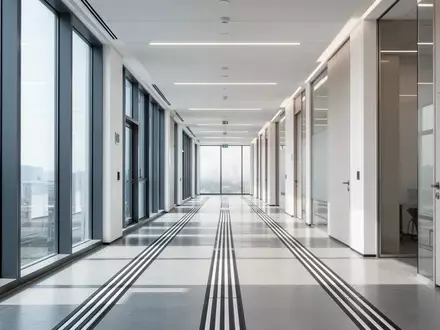 Ein heller, moderner Büroflur mit taktilen Bodenleitsystemen für barrierefreien Zugang bei natürlichem Tageslicht. - Foto: über boerse-global.de