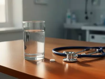 Ein Glas Wasser und eine einzelne Tablette neben einem Stethoskop auf einer hölzernen Oberfläche in einem hellen, klinischen Umfeld. - Foto: über boerse-global.de