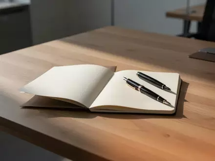 Ein minimalistischer Schreibtisch mit einem Notizbuch und einem Füller in einer ruhigen, professionellen Büroumgebung. - Foto: über boerse-global.de