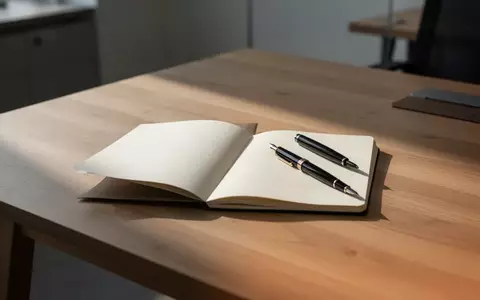 Ein minimalistischer Schreibtisch mit einem Notizbuch und einem Füller in einer ruhigen, professionellen Büroumgebung. - Foto: über boerse-global.de