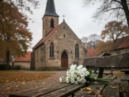 Eine kleine Dorfkirche an einem bewölkten Tag, im Vordergrund ein Blumenstrauß auf einer hölzernen Bank. - Foto: über boerse-global.de