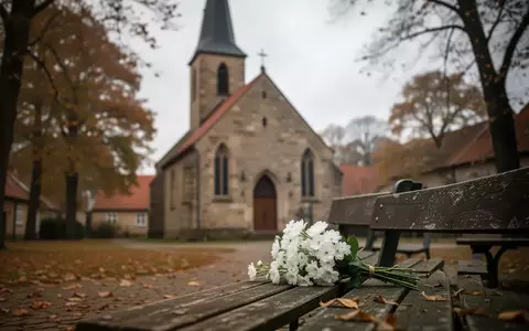 Eine kleine Dorfkirche an einem bewölkten Tag, im Vordergrund ein Blumenstrauß auf einer hölzernen Bank. - Foto: über boerse-global.de