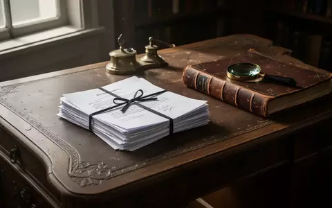 Ein antiker Schreibtisch mit gebündelten Rechtsdokumenten, einem Tintenfass und einem Ledger in natürlichem Licht. - Foto: über boerse-global.de