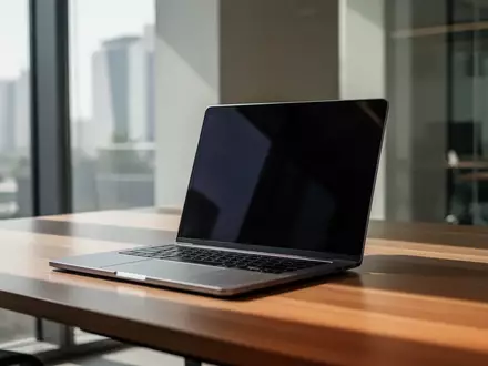 Ein moderner, minimalistischer Arbeitsplatz mit einem Laptop auf einem Holztisch in einem hellen Bürogebäude. - Foto: über boerse-global.de