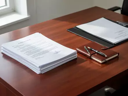 Ein aufgeräumter Schreibtisch mit gestapelten Dokumenten, einem Füllfederhalter und einem Notizbuch in einem hellen Büro. - Foto: über boerse-global.de