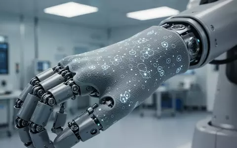 Nahaufnahme der strukturierten Smart-Skin-Oberfläche eines humanoiden Roboters in einer industriellen Umgebung. - Foto: über boerse-global.de