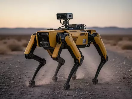 Ein vierbeiniger, gelber Roboter steht auf einem kiesigen Pfad in einer kargen Grenzlandschaft. - Foto: über boerse-global.de