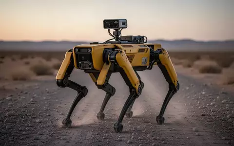 Ein vierbeiniger, gelber Roboter steht auf einem kiesigen Pfad in einer kargen Grenzlandschaft. - Foto: über boerse-global.de