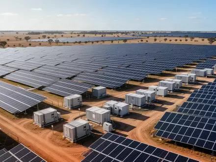 Luftaufnahme von Solarparks mit integrierten Batteriespeichersystemen in einer sonnigen Landschaft. - Foto: über boerse-global.de