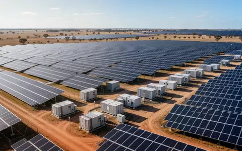 Luftaufnahme von Solarparks mit integrierten Batteriespeichersystemen in einer sonnigen Landschaft. - Foto: über boerse-global.de