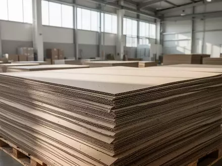 Ordentlich gestapelte Kartonbögen in einer modernen Industriehalle, die Nachhaltigkeit und ökologische Produktion symbolisieren. - Foto: über boerse-global.de