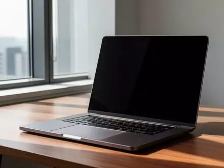 Ein minimalistischer Arbeitsplatz mit einem Laptop mit dunklem Bildschirm auf einem Holztisch bei natürlichem Tageslicht. - Foto: über boerse-global.de