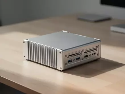 Ein minimalistisches, modulares Aluminium-Gehäuse eines Mini-PCs auf einem hellen Holztisch. - Foto: über boerse-global.de