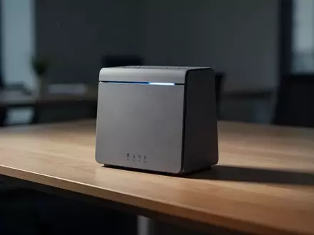 Ein moderner WLAN-Router auf einem Schreibtisch in einer dezent beleuchteten Büroumgebung. - Foto: über boerse-global.de