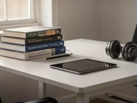 Ein moderner Schreibtisch mit Fachbüchern und einem geschlossenen Tablet in einer hellen, ruhigen Lernumgebung. - Foto: über boerse-global.de