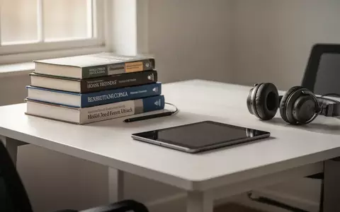 Ein moderner Schreibtisch mit Fachbüchern und einem geschlossenen Tablet in einer hellen, ruhigen Lernumgebung. - Foto: über boerse-global.de