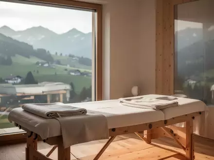 Minimalistische, lichtdurchflutete Therapieräumlichkeit mit Massageliege vor einem Fenster mit Blick auf die Appenzeller Hügel. - Foto: über boerse-global.de