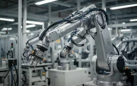 Ein präziser Industrieroboterarm in einer modernen Automobilfertigungshalle. - Foto: über boerse-global.de
