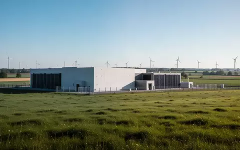 Modernes Rechenzentrum in einer ländlichen Umgebung mit Windkraftanlagen am Horizont. - Foto: über boerse-global.de