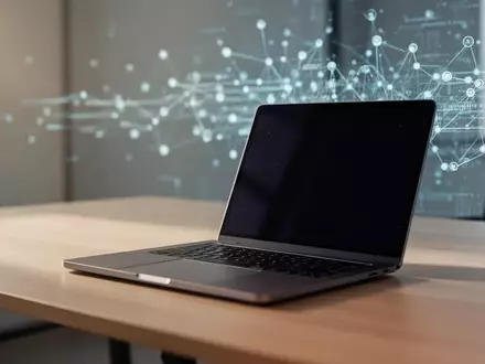 Ein minimalistischer Arbeitsplatz mit einem Laptop mit ausgeschaltetem Bildschirm auf einem Holztisch. - Foto: über boerse-global.de